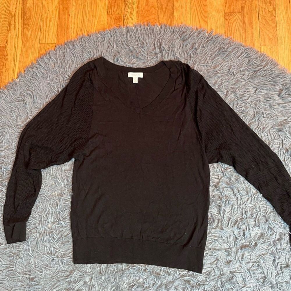 Nordstrom Black Mesh Crochet Sleeve V-Neck Linen Blend Sweater Size S